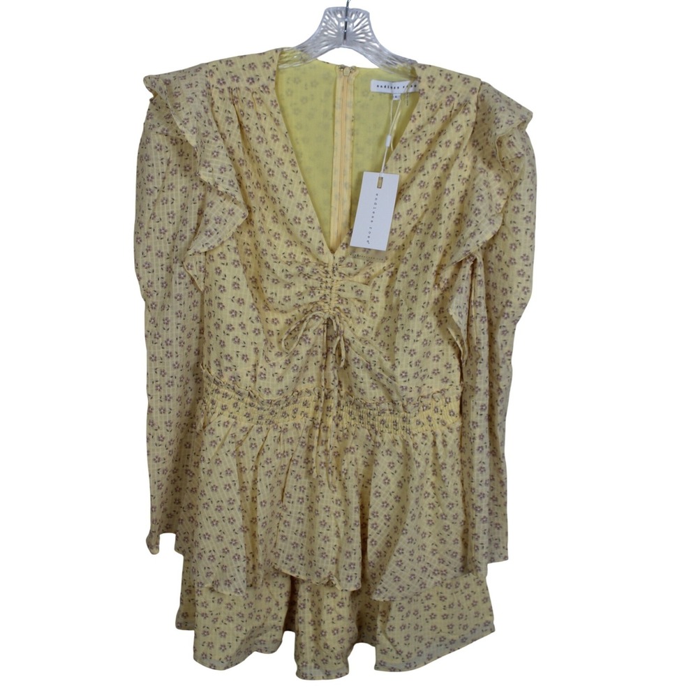 Endless Rose Yellow Floral‎ Ruched Front Long Sleeve Ruffle Romper JN037R Mens L
